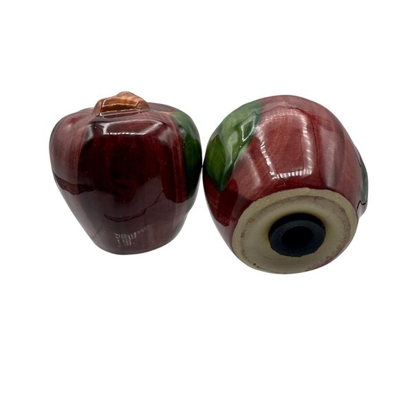 Vintage Ceramic Apple Salt & Pepper Shakers In Red And Green With Brown Stem - Picture 4 of 4
